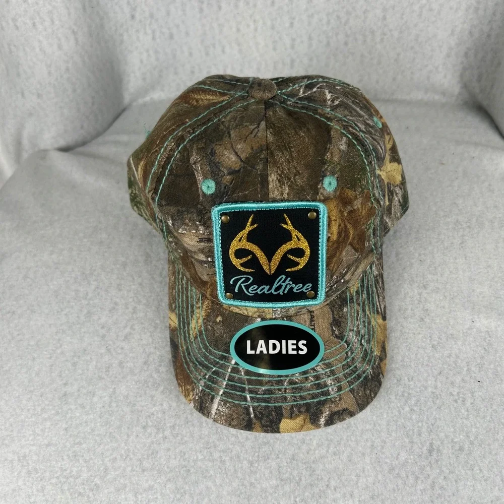 Realtree Camo Hat Ladies OSFM Brown Teal Glitter Antler Logo Snapback‎ Cap
